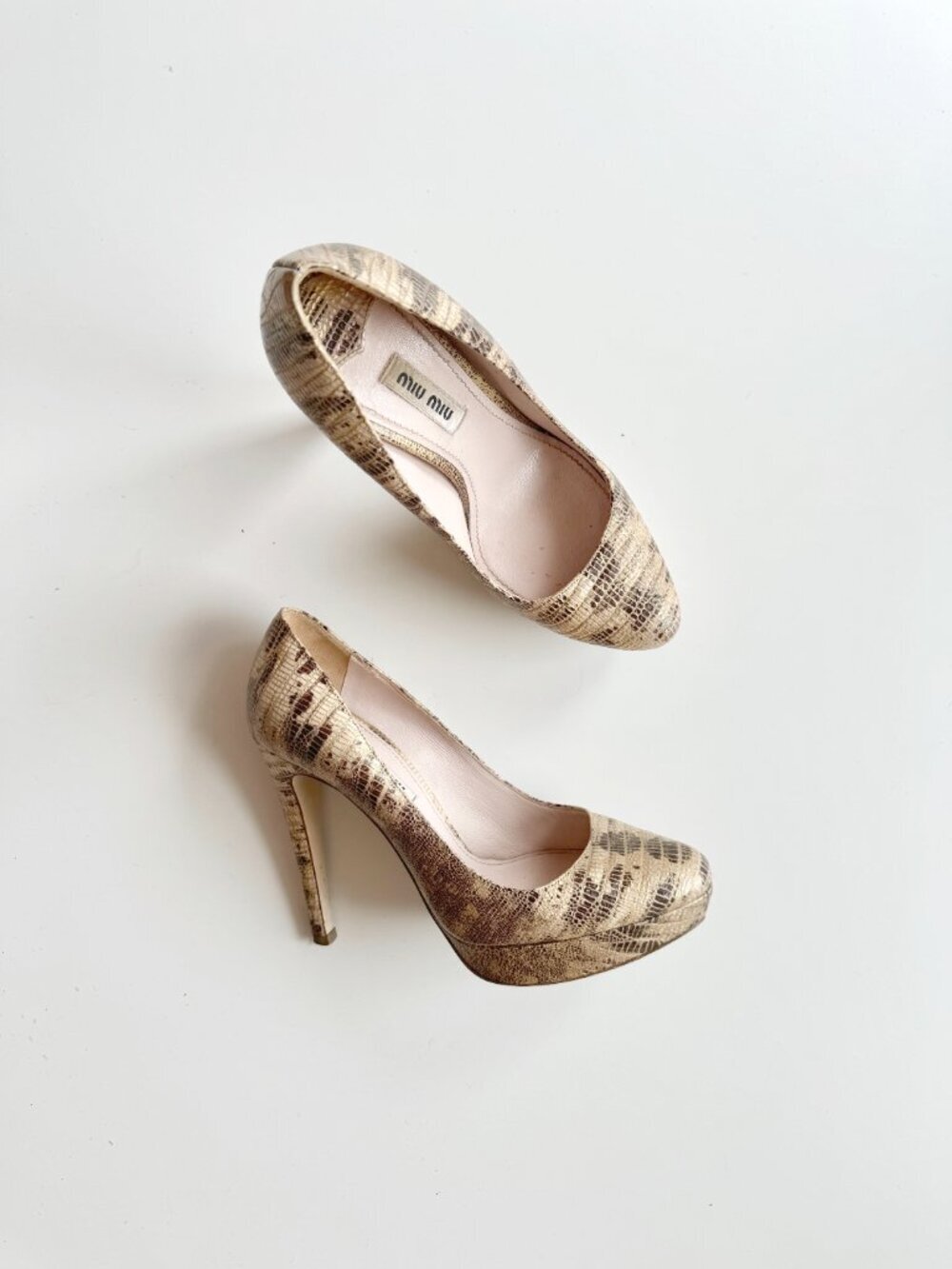 MIU MIU Beige Gold Brown Snakeskin Leather Round Toe Platform Pumps, Size 35.5